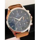 Gentlemans BENYAR CHRONOGRAPH, Moonphase model Finished in stainless steel with brown leather strap.