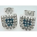 A 9K WHITE GOLD WHITE & BLUE DIAMOND SET STUD EARRINGS 1.7G JE - 1