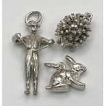 Sterling silver selection of 3 charms including rabbit, hedgehog and man, 6.3g total weight.