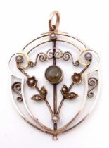 An Antique Edwardian Mid-Karat Gold Seed Pearl and Citrine Decorative Floral Pendant. 4cm. 2.7g