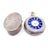 Two Antique Silver Items: A miniature hallmarked (935) pocket watch with enamel decoration. 3.5cm