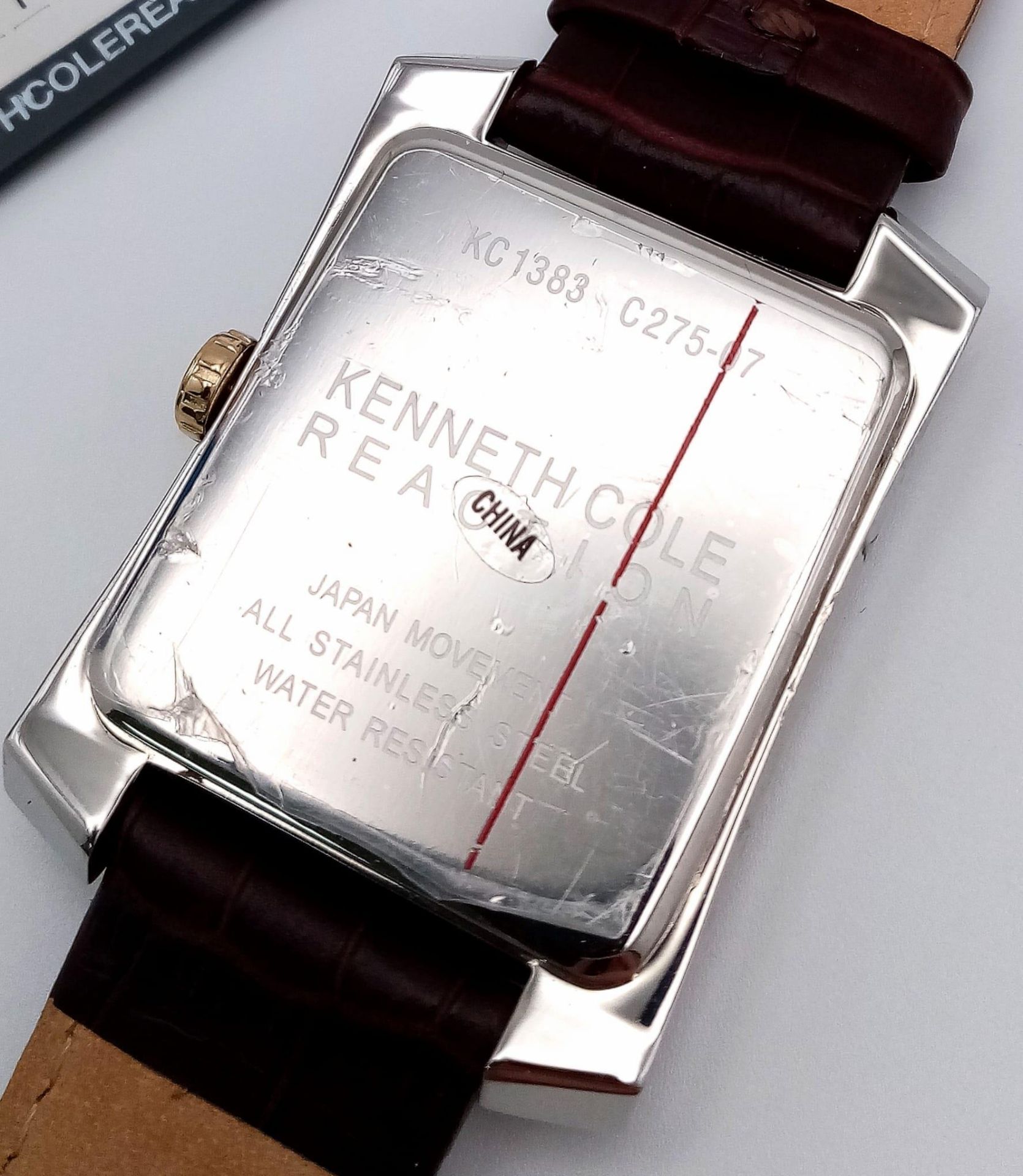 A New (Ex Display) Kenneth Cole, New York Tank Style Watch ‘Reaction’ Model. Two Tone Case, Brown - Image 6 of 7