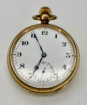 An Antique Gold Plated Record Watch Company Pocket Watch. 7 jewels. Top Winder. White dial with