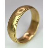 A Vintage 9k Yellow Gold Band Ring. 4mm width. Size J. Full UK hallmarks. 2.16g weight.