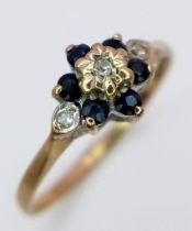 A Vintage 9K Yellow Gold, Sapphire and Diamond Ring. Size O. 1.35g total weight.