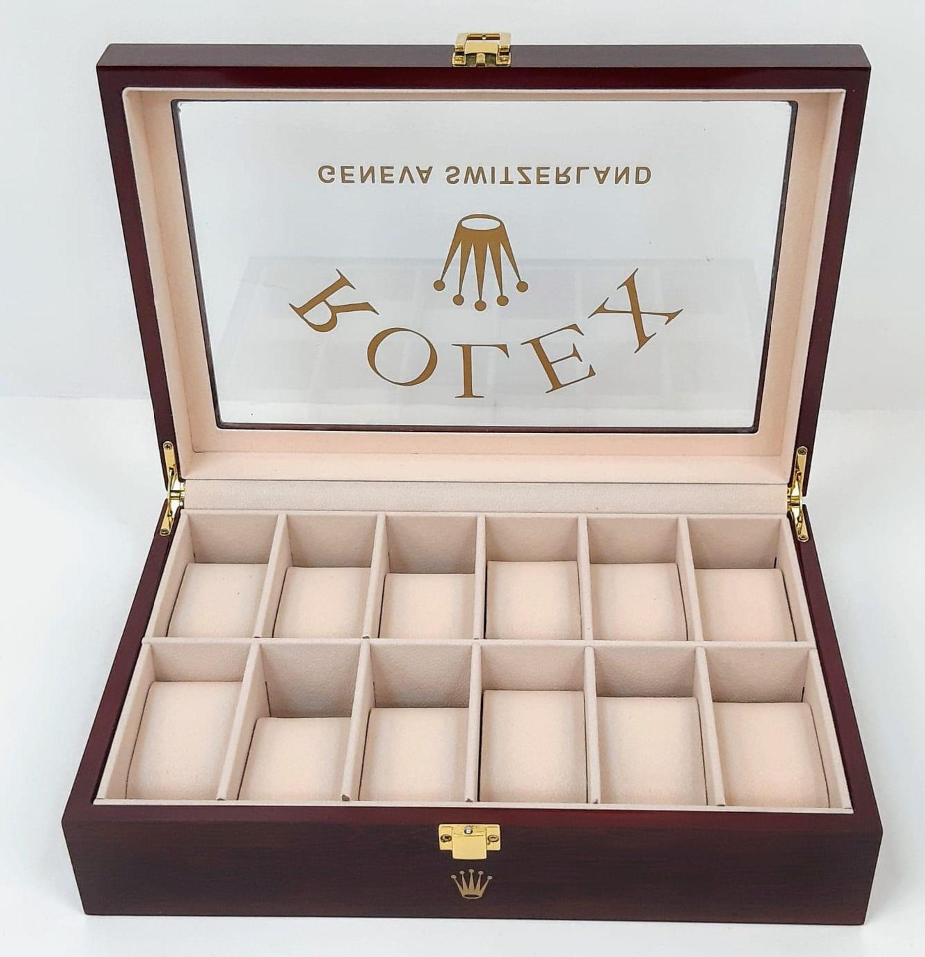 A high-quality wooden watch case for 12 watches (often used by ROLEX and OMEGA dealers) made from