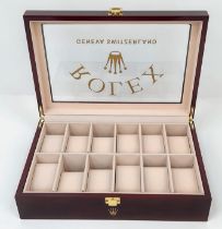 A high-quality wooden watch case for 12 watches (often used by ROLEX and OMEGA dealers) made from