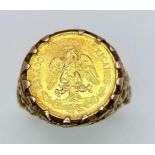 A DOS PESOS 22K GOLD COIN MOUNTED IN A 9K GOLD RING, APPROX 4.4gms IN TOTAL . size K