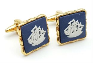 An Unworn Pair of Square Gold Tone Sir France Drake’s Ship ‘Golden Hind’ Blue Jasper Cufflinks by