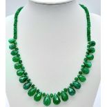 An Emerald Beaded Necklace with Emerald Teardrops and 925 Silver Clasp. 165ctw emeralds, 45.5cm