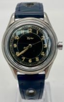 A Rare Vintage Mechanical Wyler Gents Watch. Blue leather strap . Stainless steel case - 31mm. Black