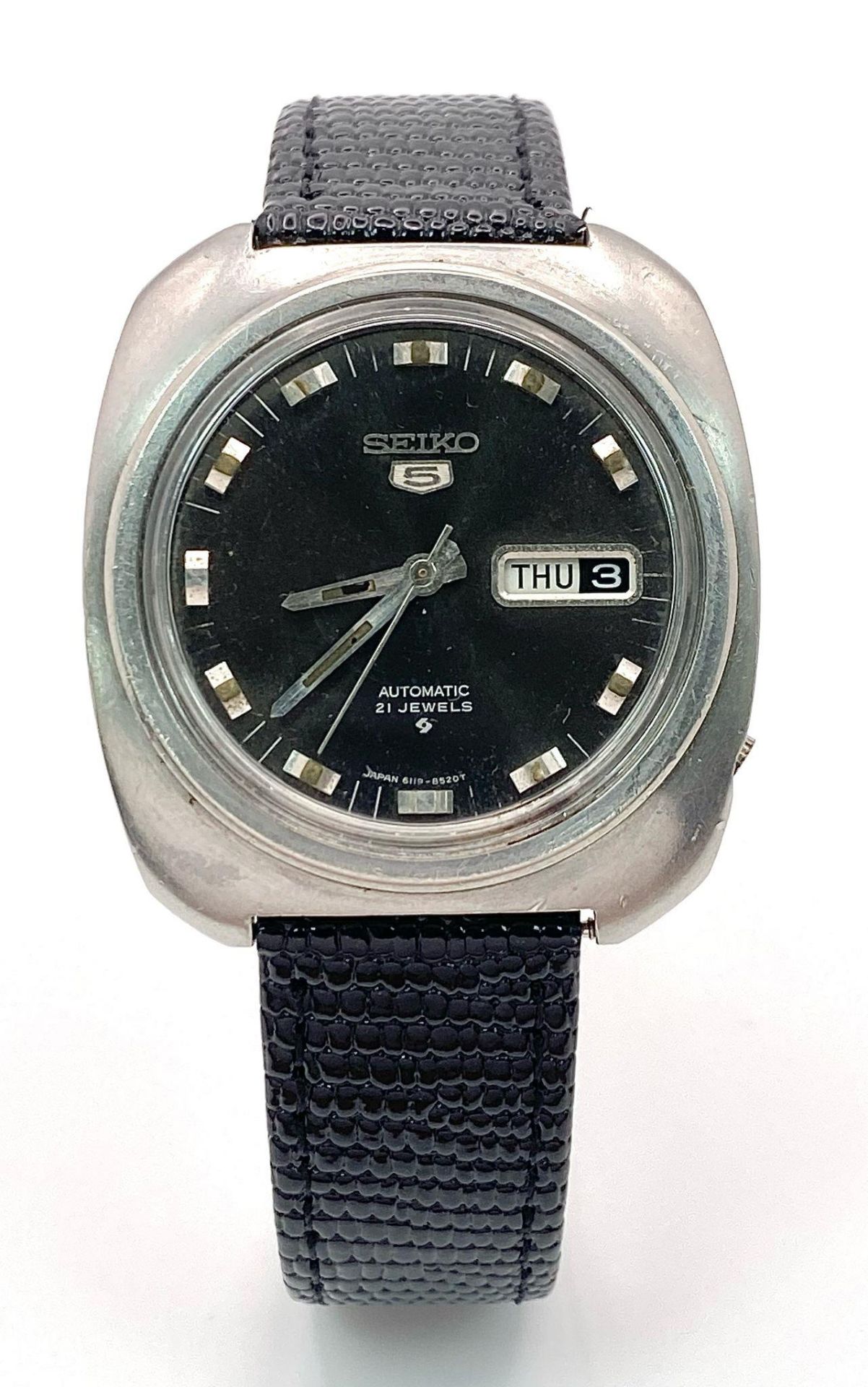 A Vintage Seiko 5 Automatic Gents Watch. Stainless steel case - 38mm. 21 jewels. Black dial with - Bild 3 aus 8