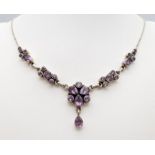 An Excellent Condition, Vintage and Elegant Sterling Silver Amethyst Set Necklace. 40cm Length. 11.