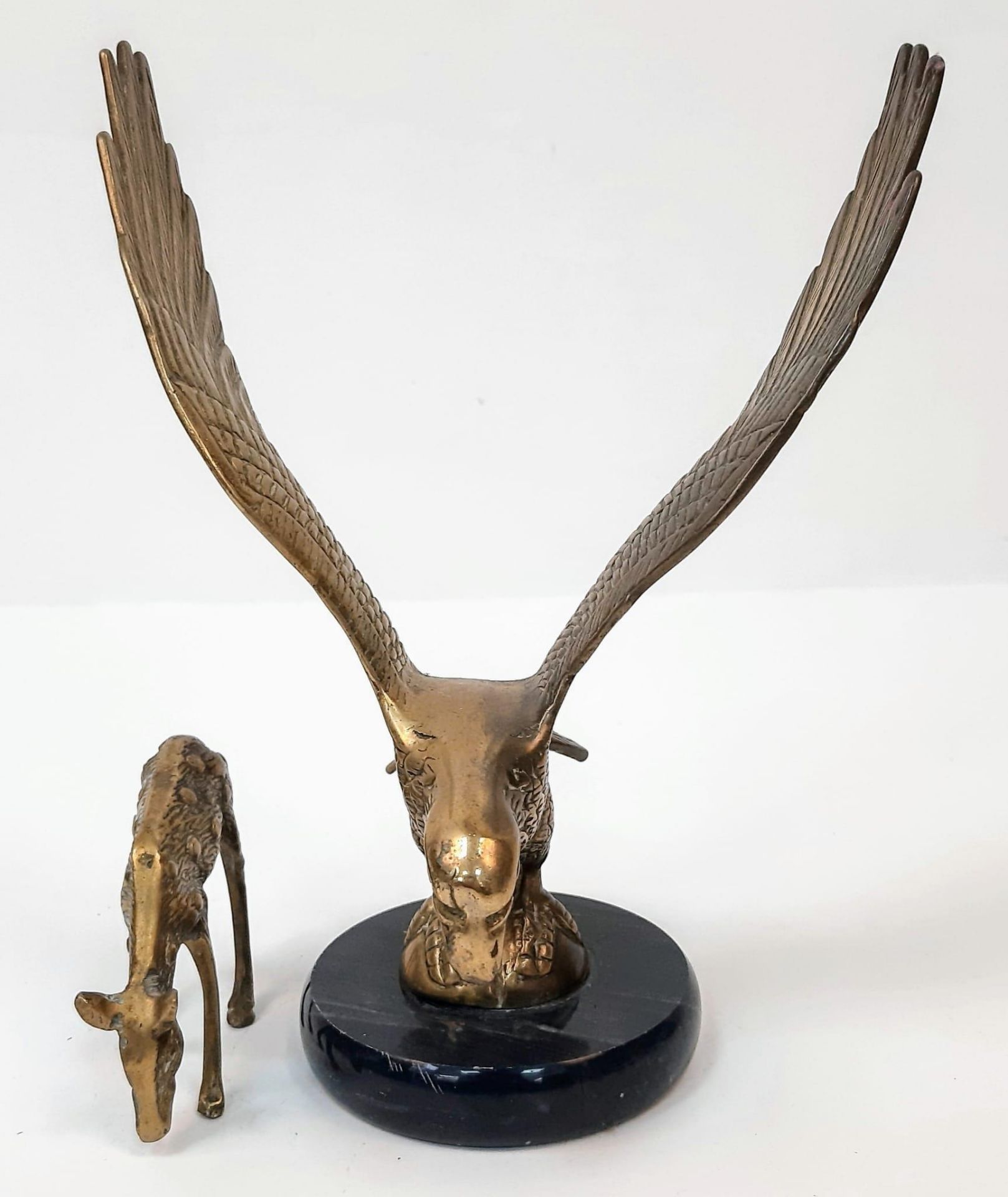 A Vintage Brass Eagle on a Marble Base Plus a Brass Deer. Eagle - 24cm tall. 18cm across. Deer - 9 x - Image 3 of 4