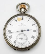 An Antique (WWI Era) Omega White Metal Pocket Watch. 5128166 movement. White dial with second sub