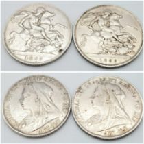 Two Queen Victoria Silver Crown Coins - 1895 and 1898. Please see photos for conditions.