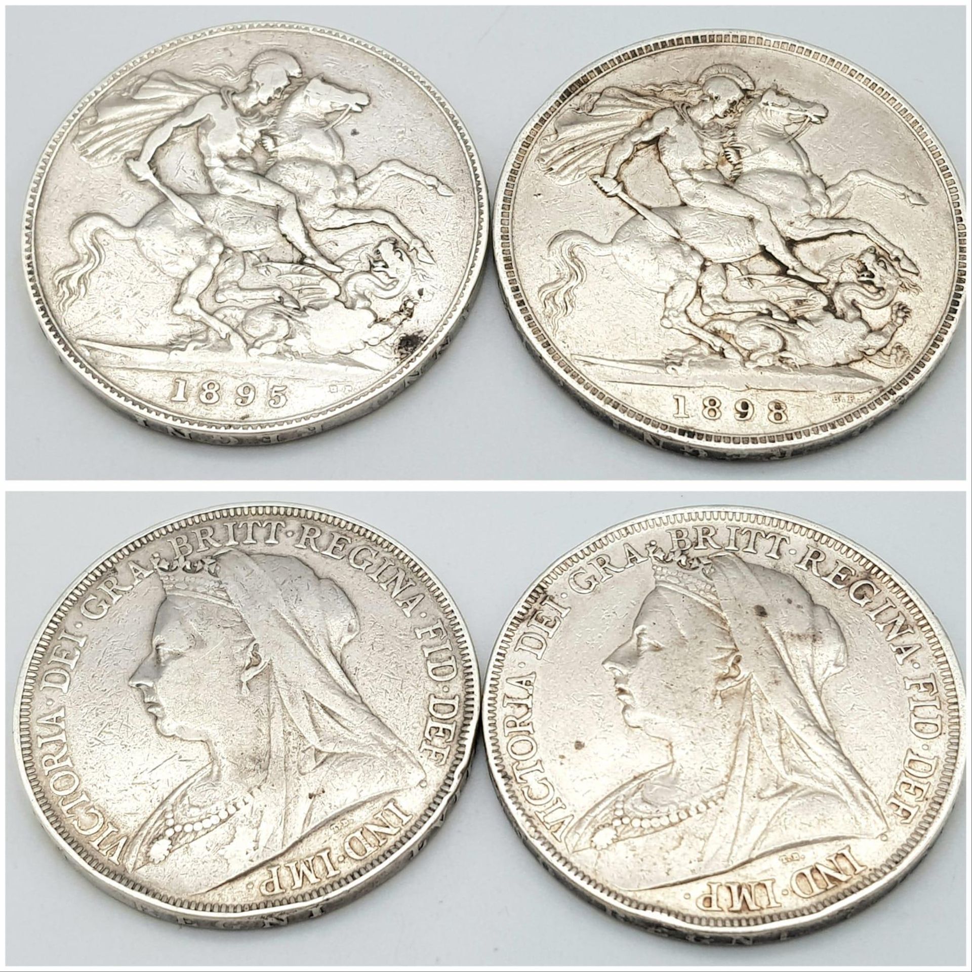 Two Queen Victoria Silver Crown Coins - 1895 and 1898. Please see photos for conditions.