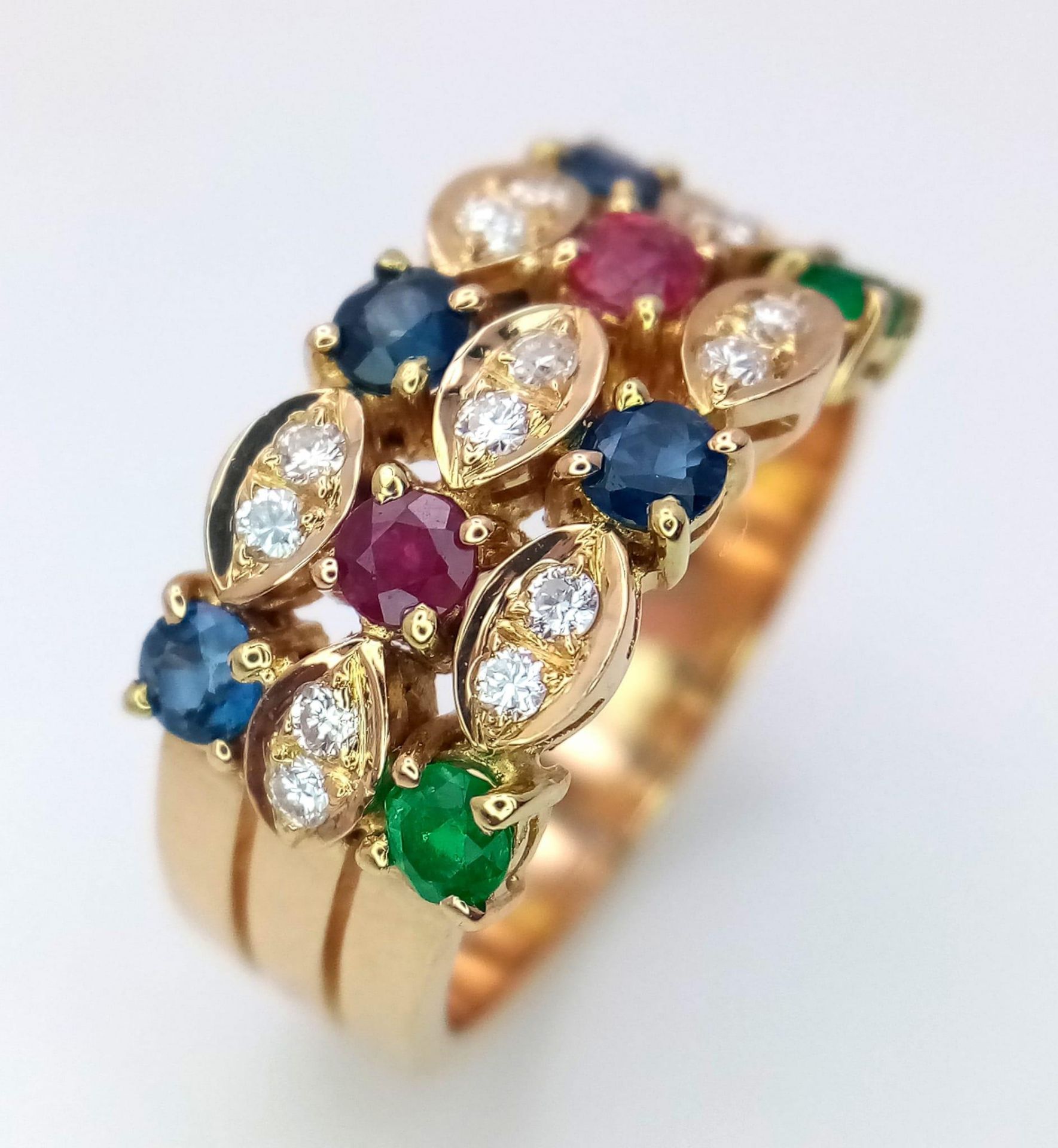 A 18K YELLOW GOLD DIAMOND, RUBY, SAPPHIRE & EMERALD SET RING 7.3G SIZE N 1/2 ref: 6441 - Image 2 of 5