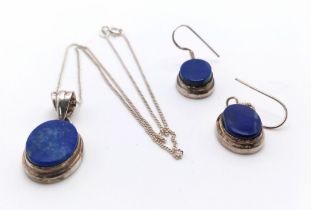 A Lapis Pendant and Earring 925 Silver Set. 40cm necklace. 3cm pendant.