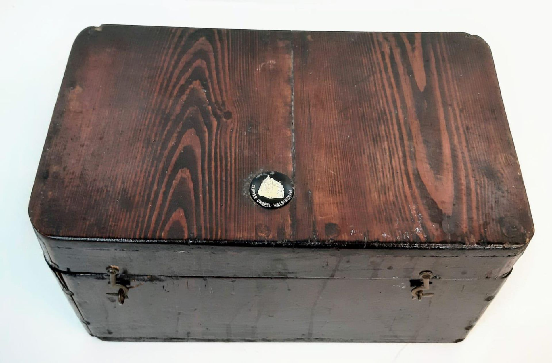 An Antique Wooden Box with an Attached Badge of Slipper Chapel, Walsingham. 27cm x 15cm x 14cm. - Image 2 of 6