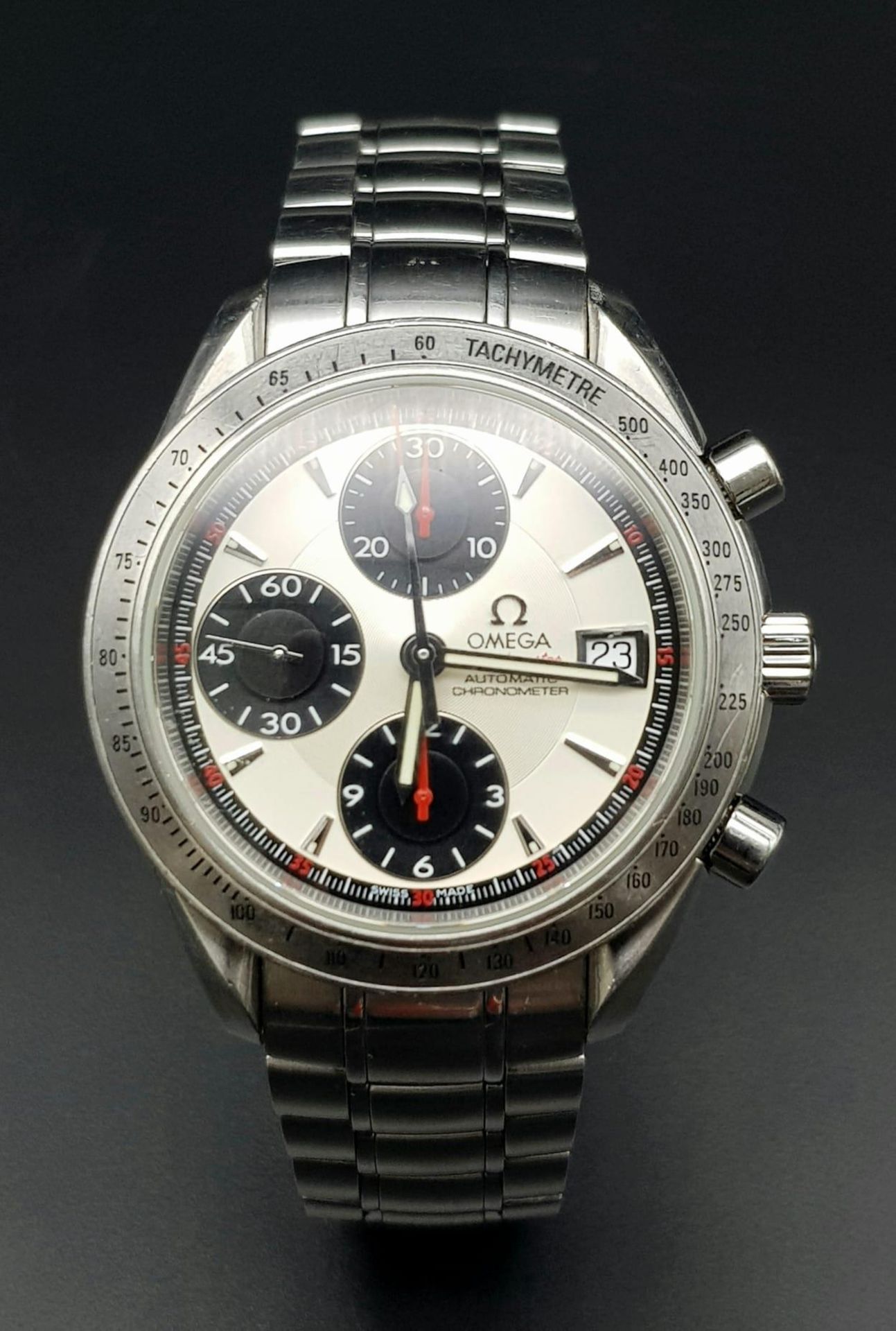 AN OMEGA "SPEEDMASTER"CHRONOMETER AUTOMATIC WITH 3 SUBDIALS AND DATE BOX IN ORIGINAL BOX . 40mm