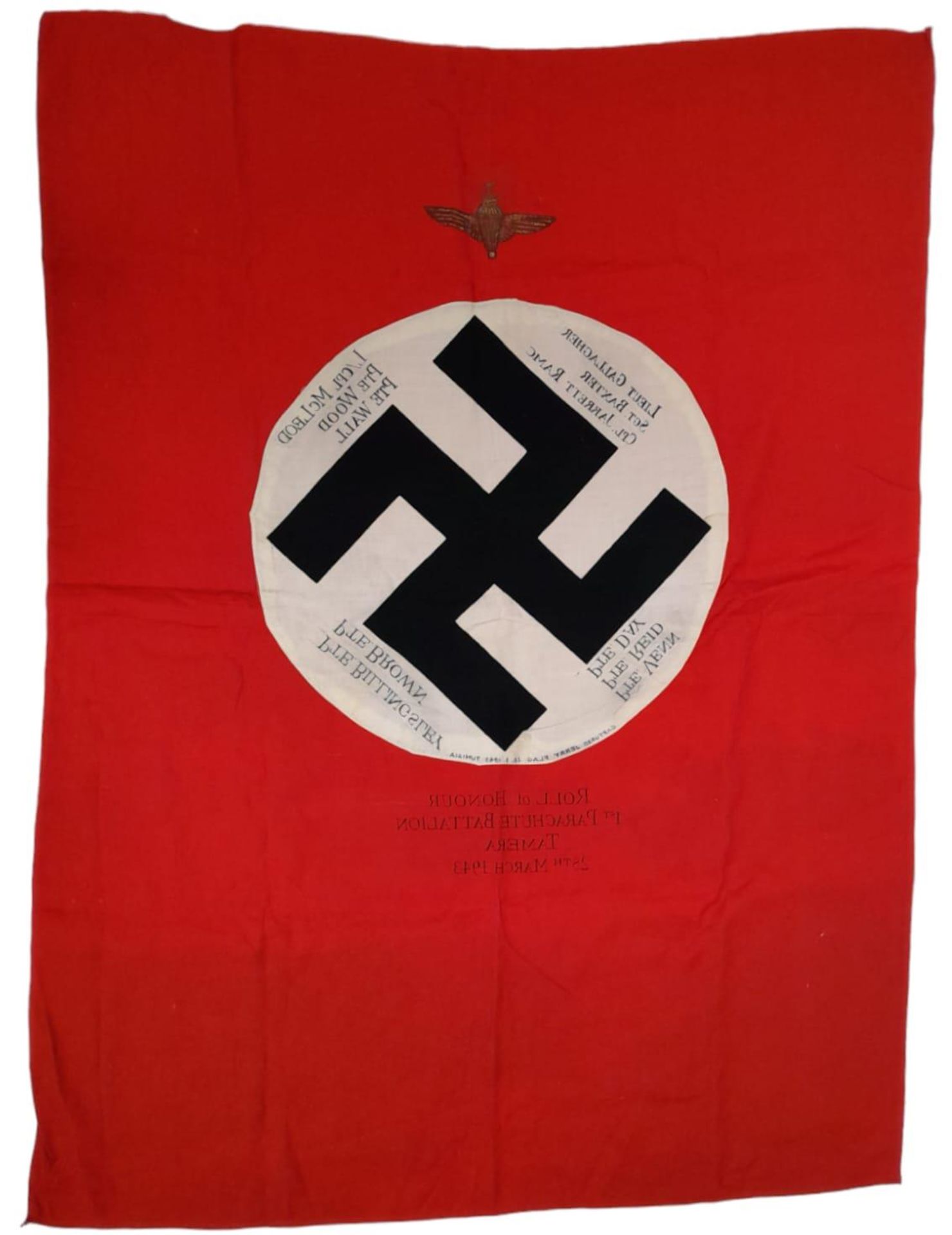 WW2 German Flag, captured in Tunisia by a British soldier in the 1 st Battalion of the Parachute