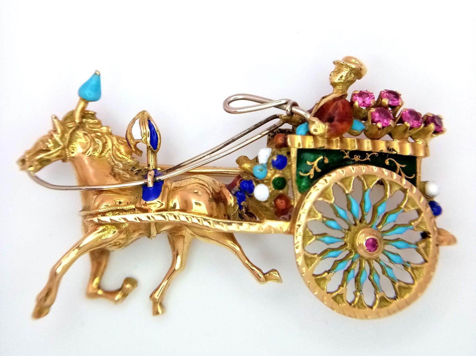 A Vintage 18K Yellow Gold Gemstone and Enamel Horse with Carriage Brooch. Incredible detail with - Image 2 of 8