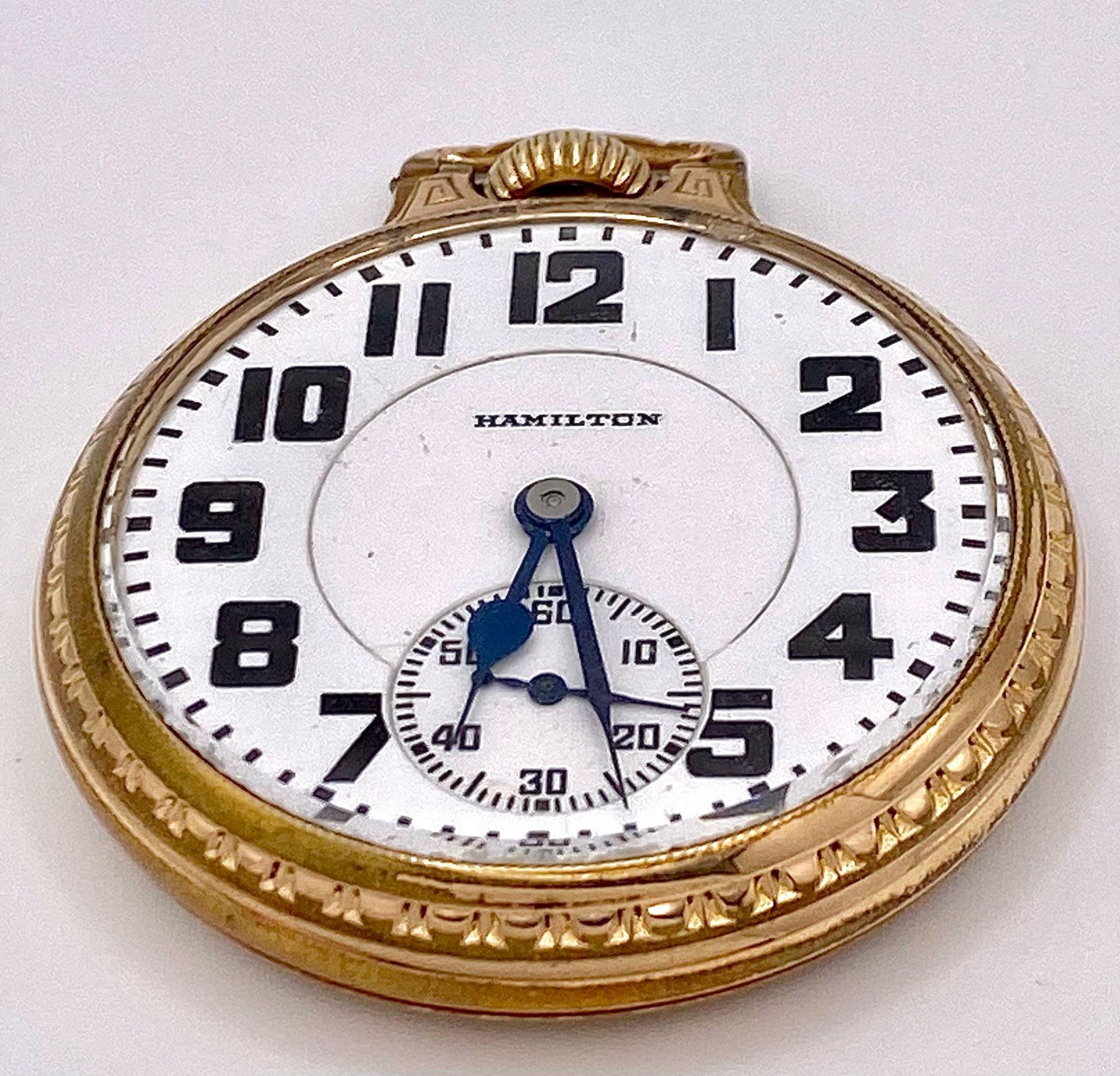 A 1930 Hamilton Railroad Model 2 10K Gold Filled Pocket Watch. 21 jewel. 2559692 movement. Top - Bild 2 aus 4