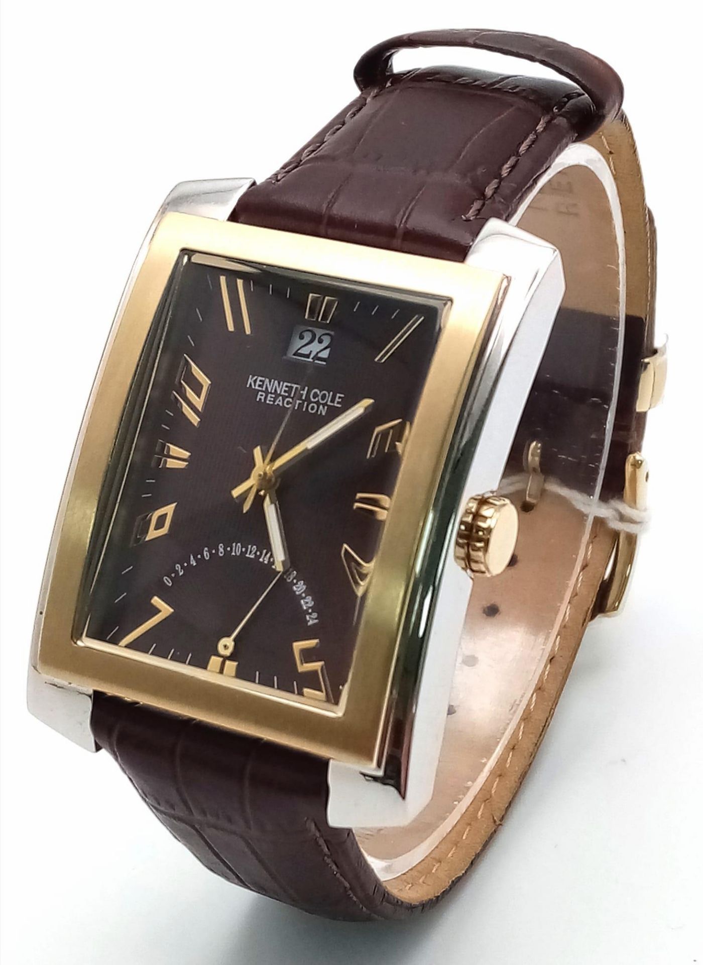 A New (Ex Display) Kenneth Cole, New York Tank Style Watch ‘Reaction’ Model. Two Tone Case, Brown