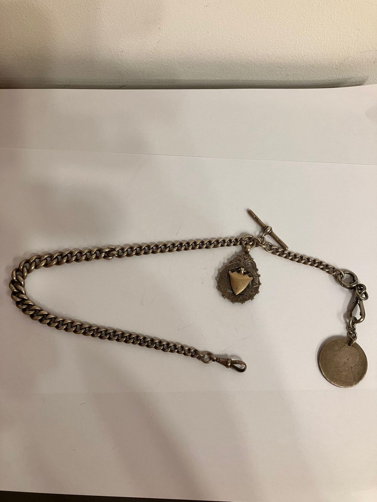 Antique SOLID SILVER ALBERT WATCH CHAIN Complete with T-bar and two Silver Fobs. To include an - Image 5 of 5