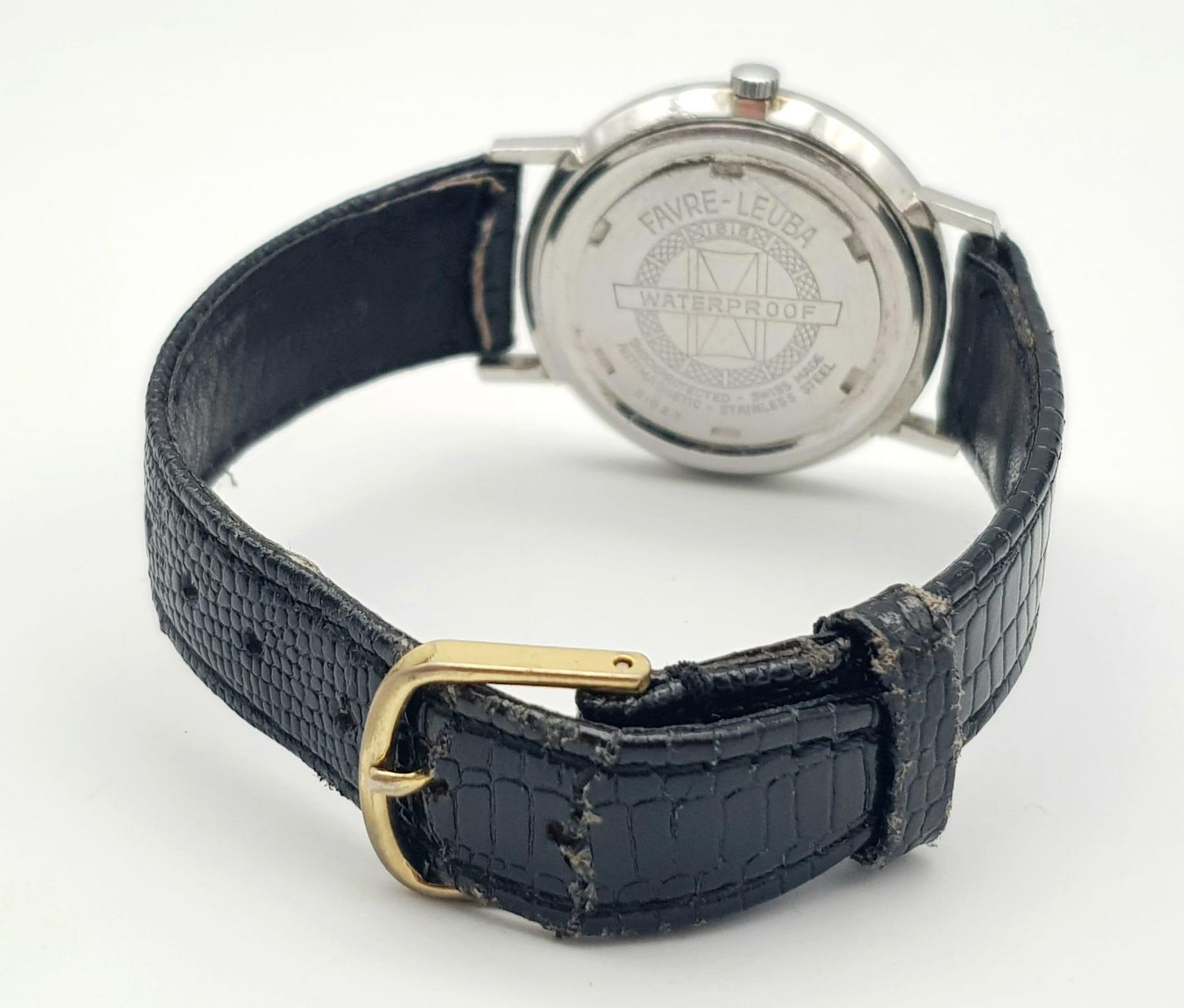 A Vintage Favre-Leuba Mechanical Gents Watch. Black leather strap. Thin stainless steel case - 33mm. - Bild 4 aus 5