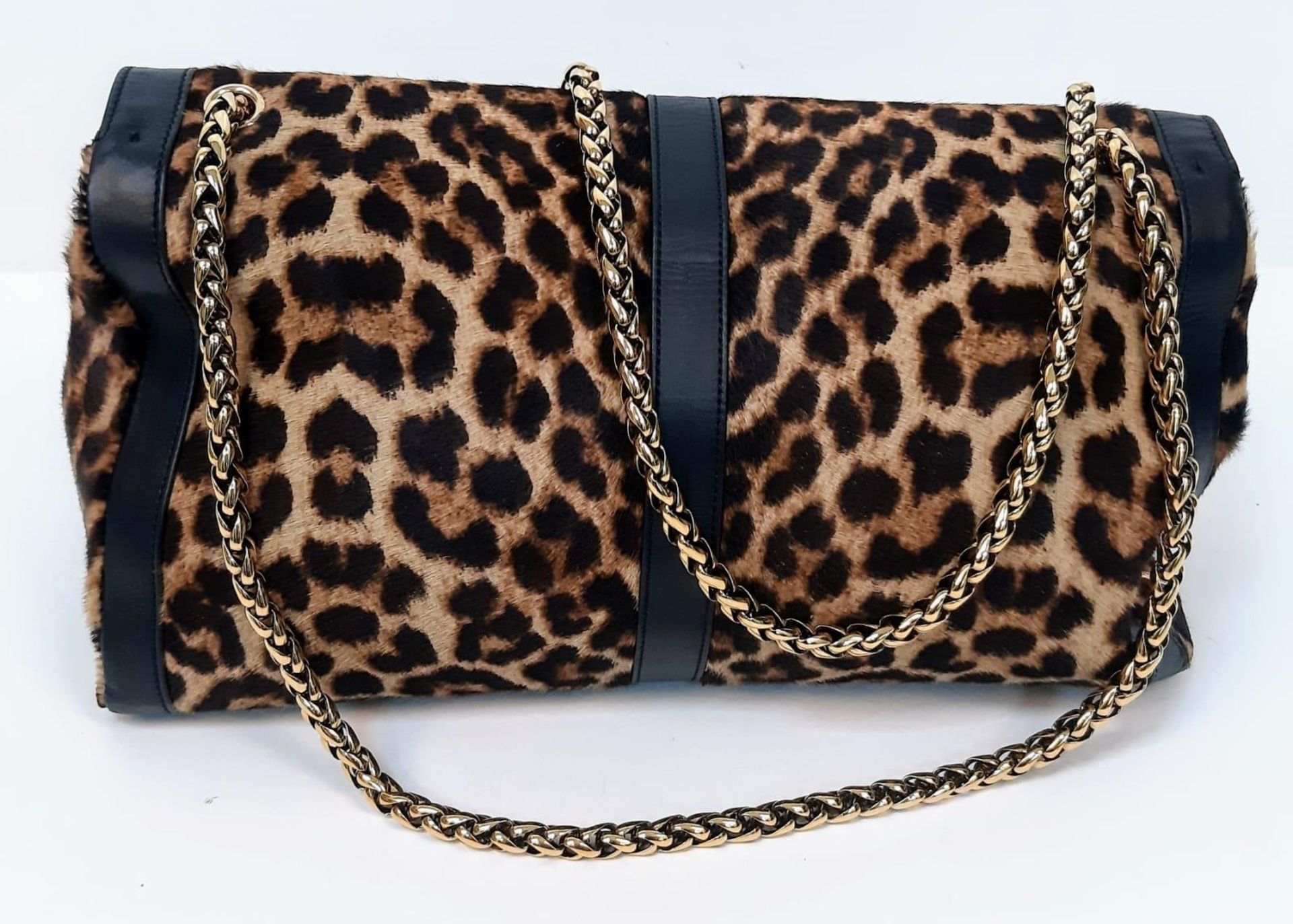 A Christian Louboutin Sweet Charity Leather and Leopard Print Pony Hair Shoulder Bag. Gold tone - Image 3 of 6
