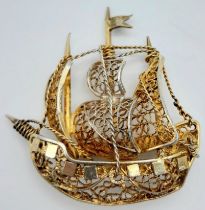 A Rare Vintage or Older Silver Gilt Filigree Design Galleon Ship Brooch. 3.7cm Wide. 800 Silver.