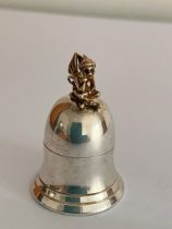 Vintage SILVER PILL BOX having the form of a BELL with PIXIE seated atop. Full UK hallmark.