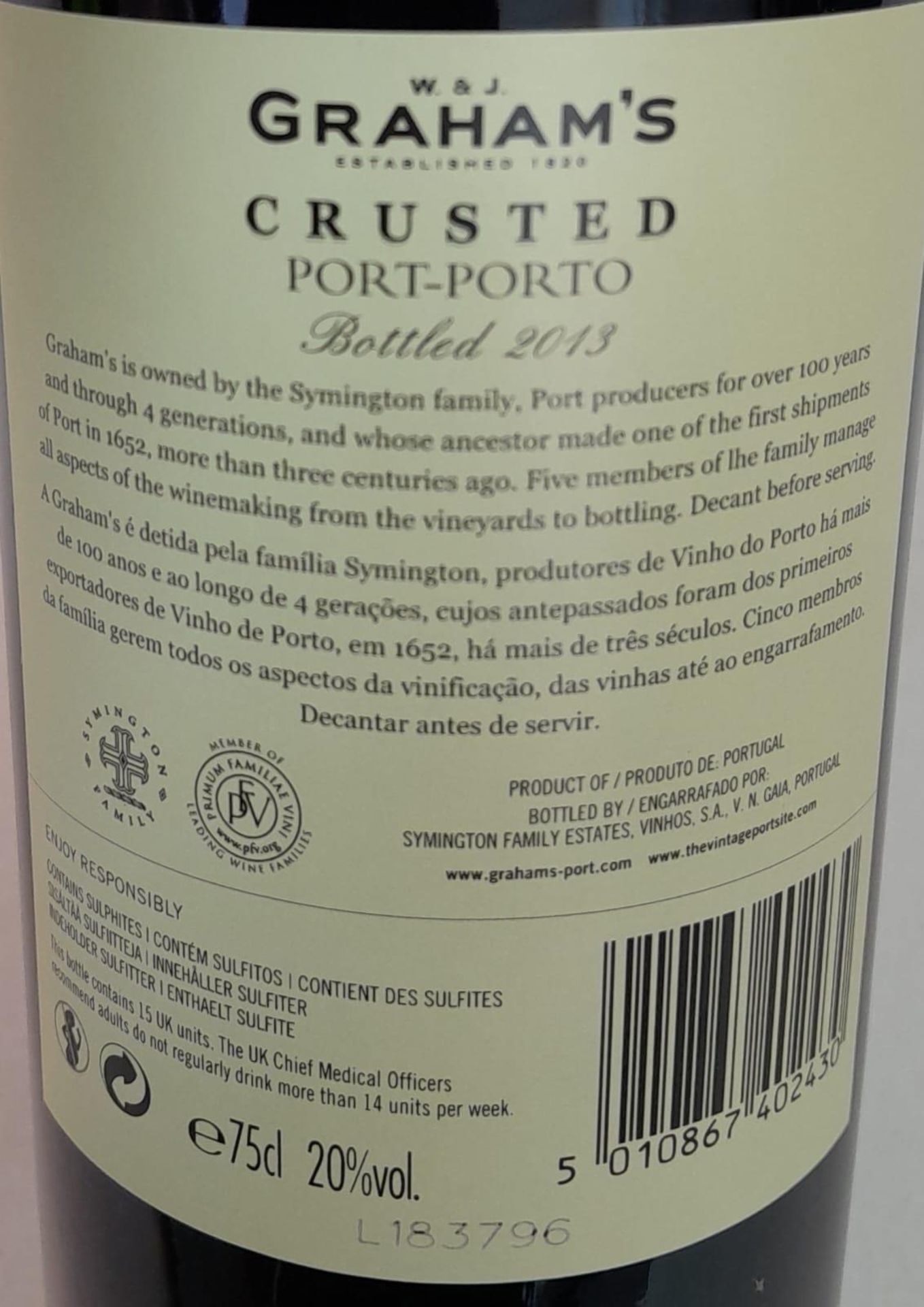 Four Bottles of Port: 2 x Grahams Crusted - 2012 and 2013 (75cl), Taylors First Estate (75cl), and a - Image 8 of 11