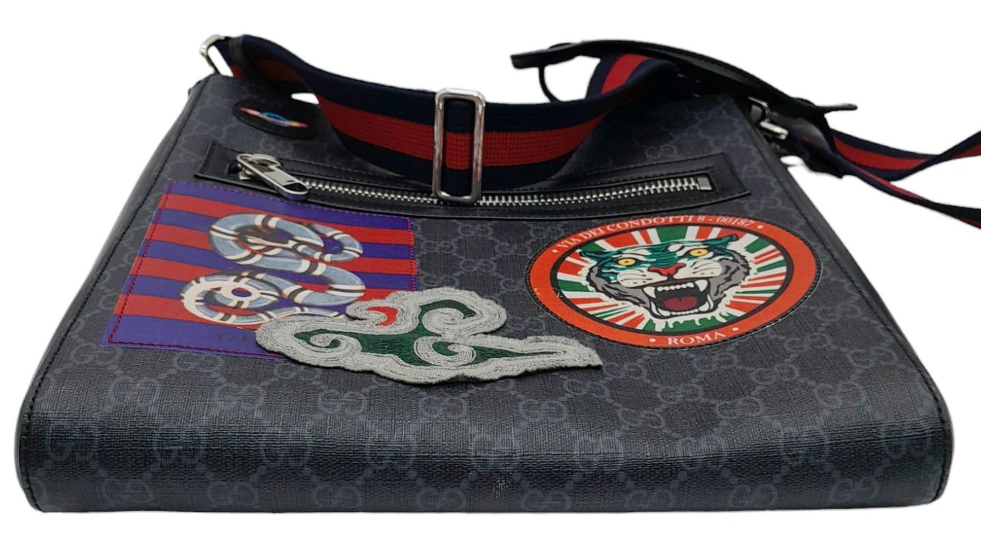 A Gucci Monogram Night Courier Messenger Bag. Leather exterior with patch details, silver-toned - Bild 3 aus 11