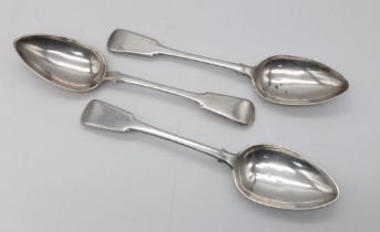 Three Antique (1848 marked)) Silver (tests as) Large Serving Spoons. 21cm length. 214g total weight.