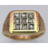 A 9K Yellow Gold Square Panel Diamond Gents Ring. Size R. 3.83g weight.