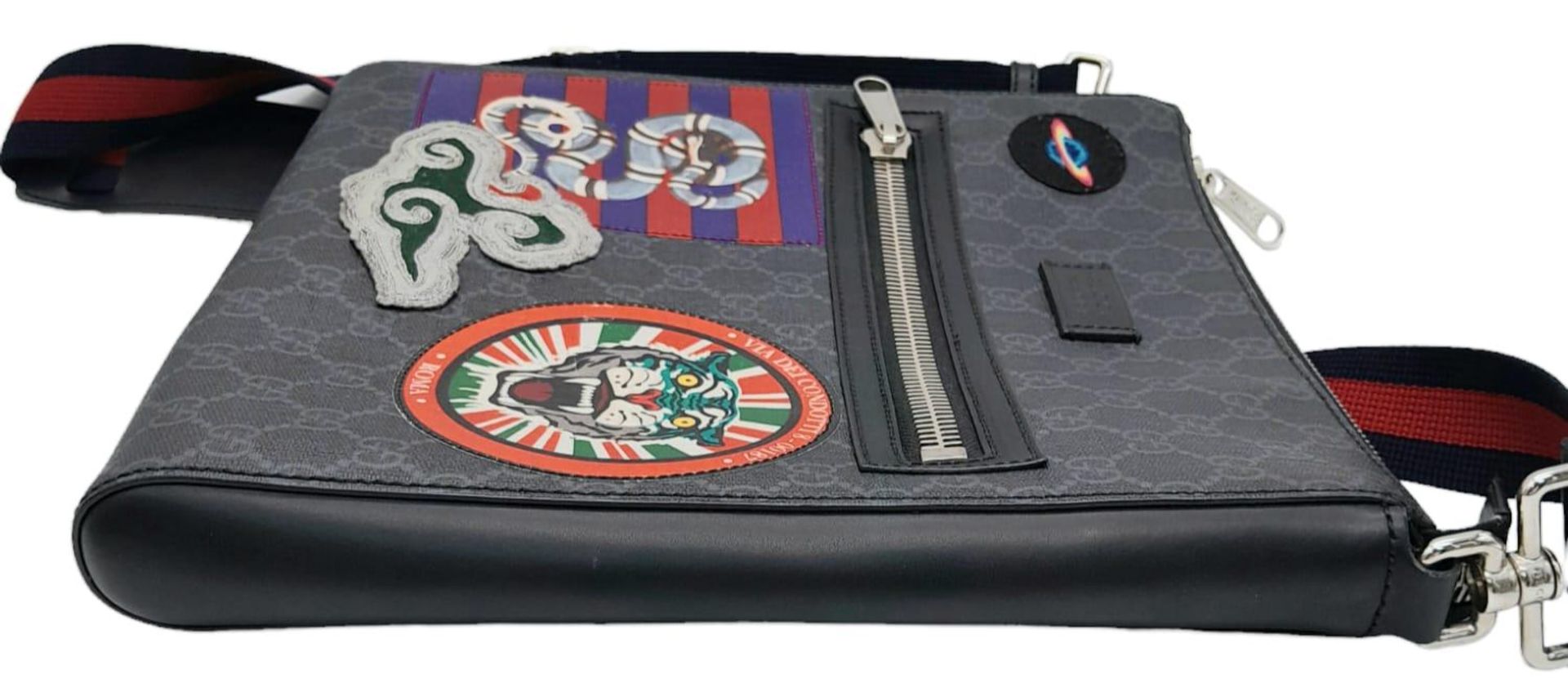 A Gucci Monogram Night Courier Messenger Bag. Leather exterior with patch details, silver-toned - Bild 2 aus 11