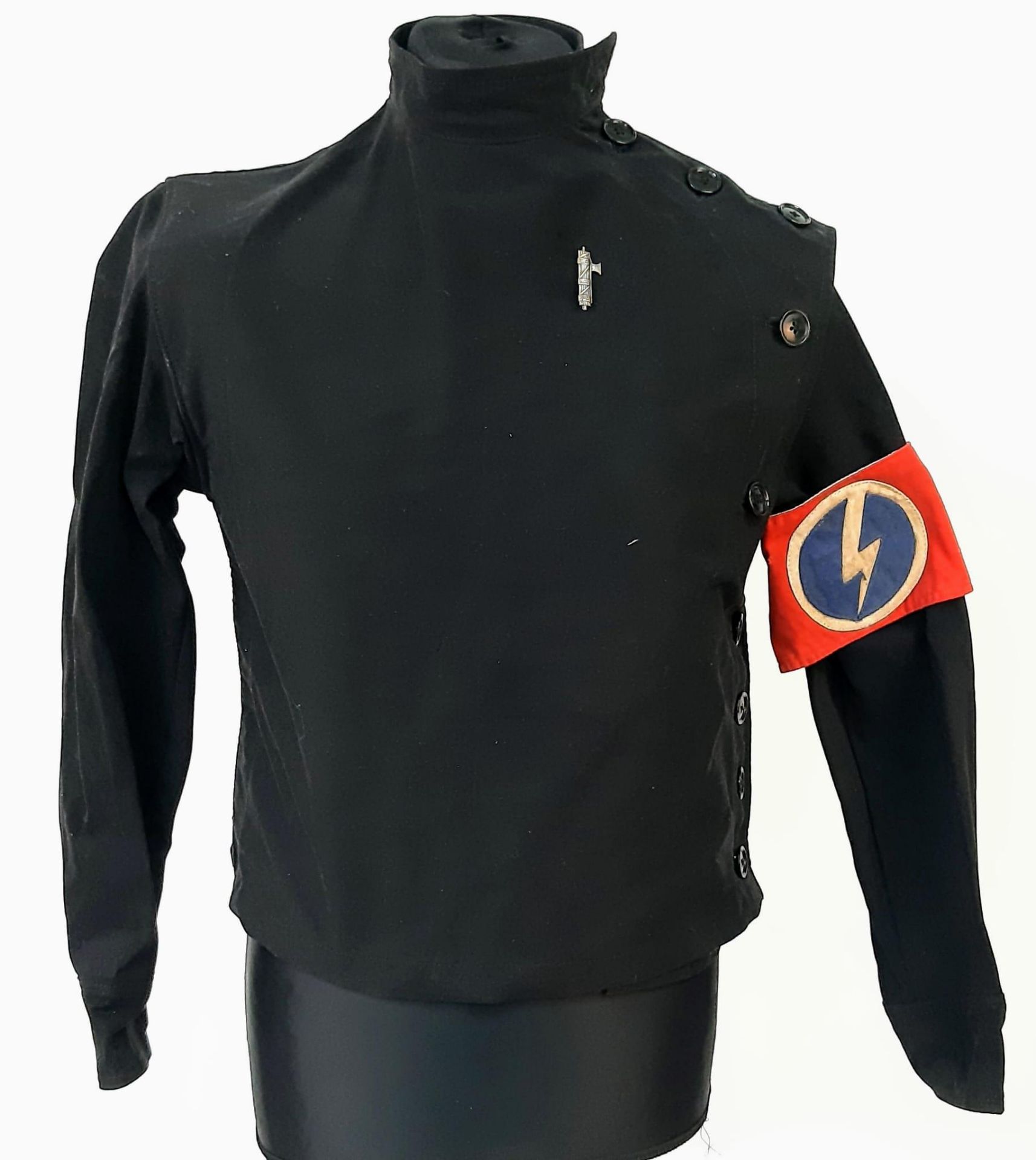 A British Union of Fascists Black Shirt with Silver Members Pin and Armband. The armband is makers