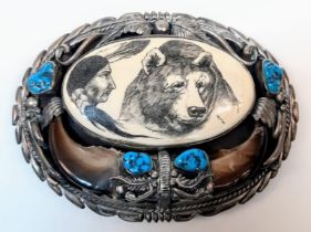 A Fascinating Silver Vintage Native American Indian Belt Buckle. Scrolled silver and inlaid