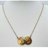 STERLING SILVER WITH GOLD VERMEIL FINISH DOUBLE COIN PENDANT ON NECKLACE, WEIGHT 8.1G, 50CM LONG