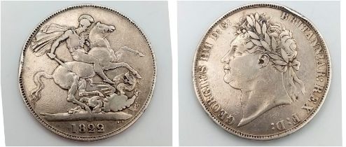 An 1822 George IV Silver Crown Coin. F/EF grade but some edge damage - please see photos.