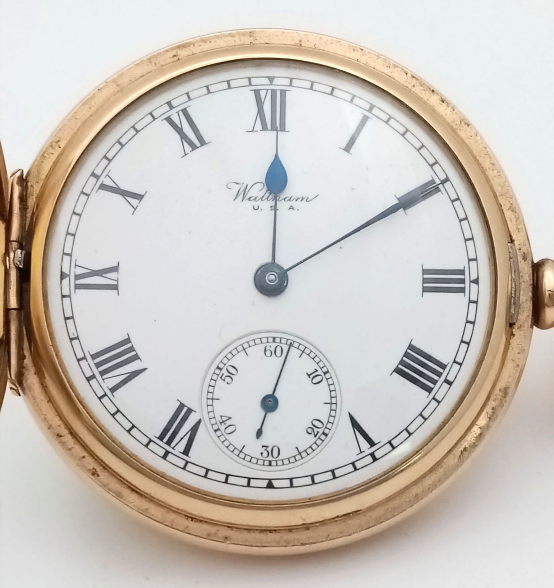 An Antique 10K Gold-Plated Cased Waltham Traveler Full Hunter Pocket Watch. Dennison case. Top winde - Bild 3 aus 12