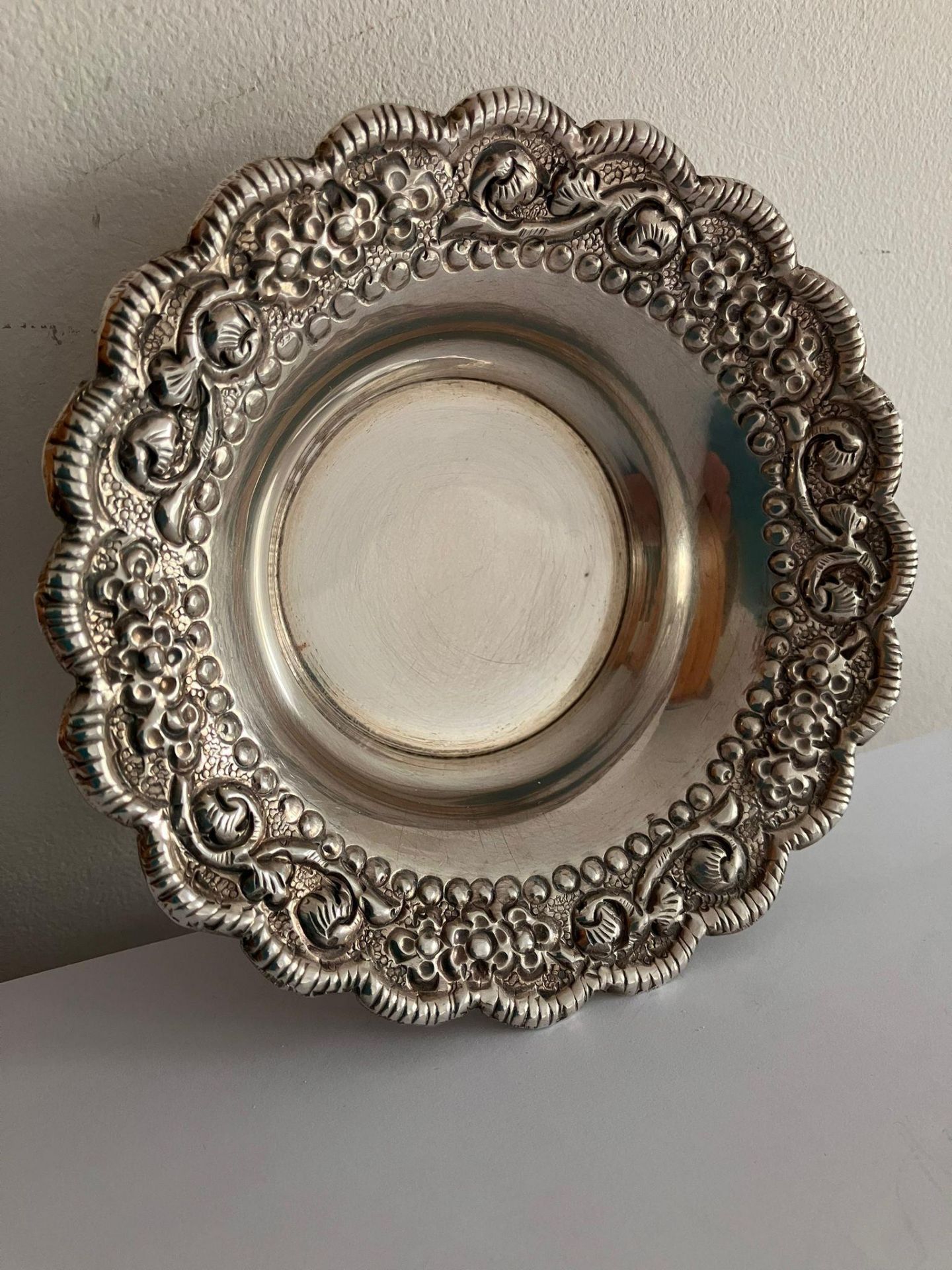 Pair of Vintage MIDDLE EASTERN SILVER DIP BOWLS. Attractive ornate borders with Serpentine Edge. 110 - Image 2 of 2