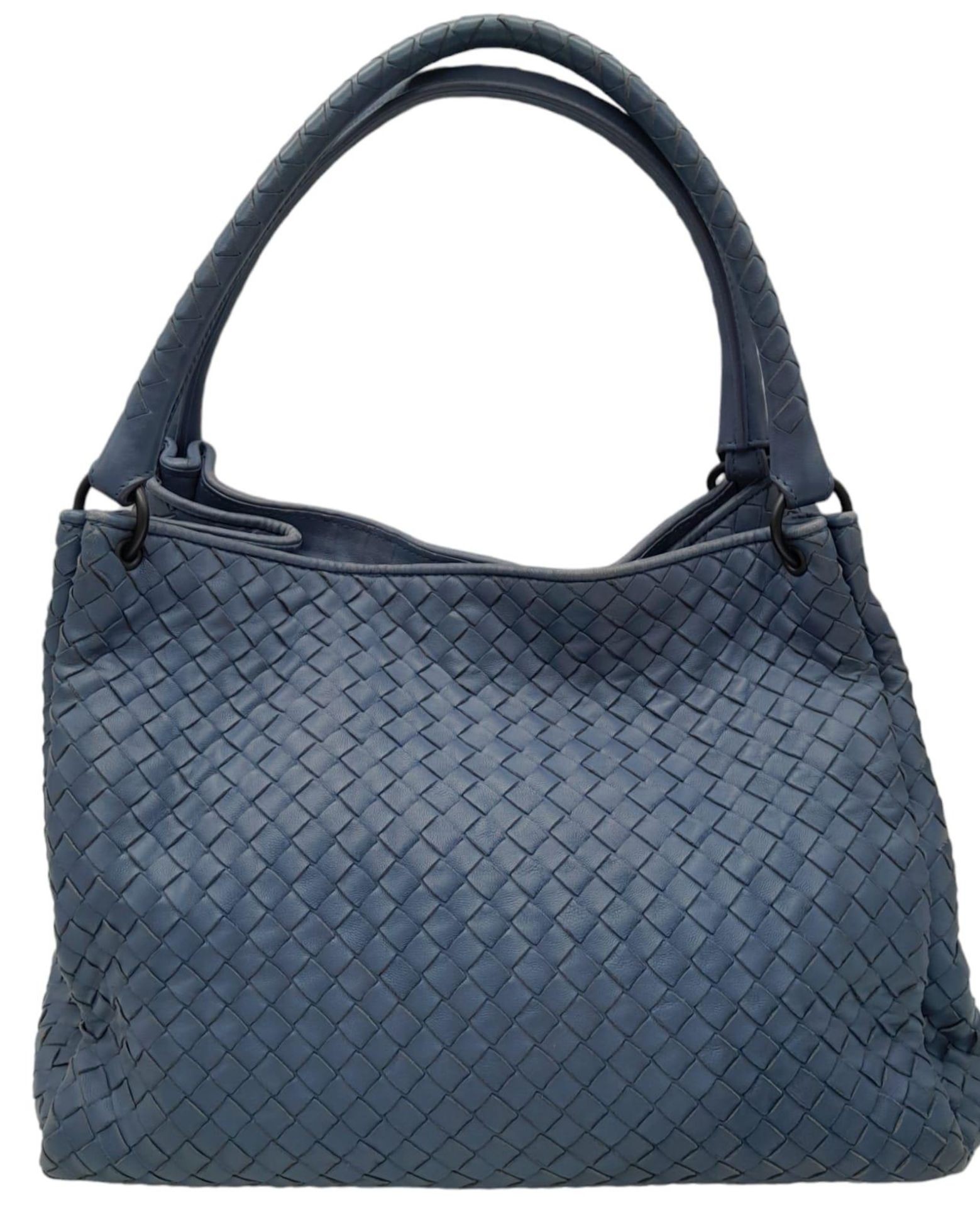 A Bottega Veneta Blue Intrecciato Parachute Tote Bag. Hand Woven Calfskin Leather Exterior, Double