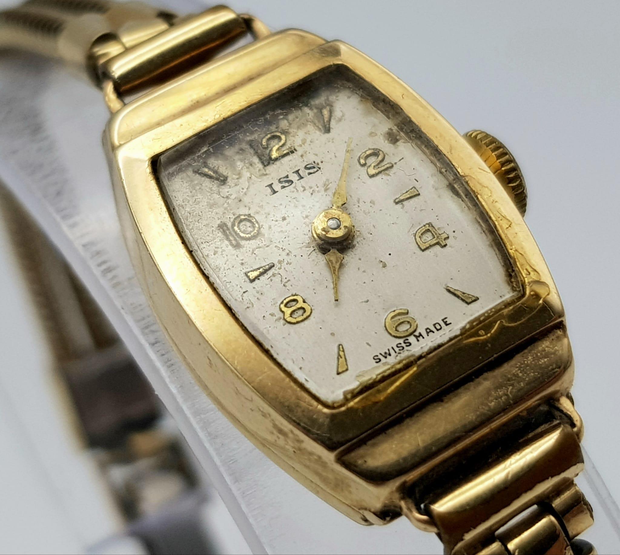 A vintage, 9 K yellow gold ISIS watch with a double snake chain bracelet. Case 19 x 15 mm, champagne - Image 3 of 6