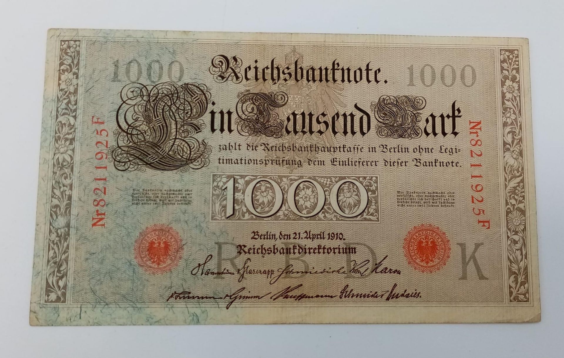 A 1910 German 1000 Mark Bank Note. Very good condition.
