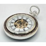 An Unused Silver Tone Manual Wind Pocket Watch. Skeleton Front- Leather Case Back. 48mm Diameter.