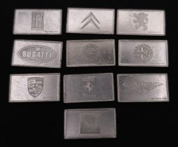 TEN sterling silver European Car Manufacturers plates including Ferrari, Porsche, Bentley, Alpha